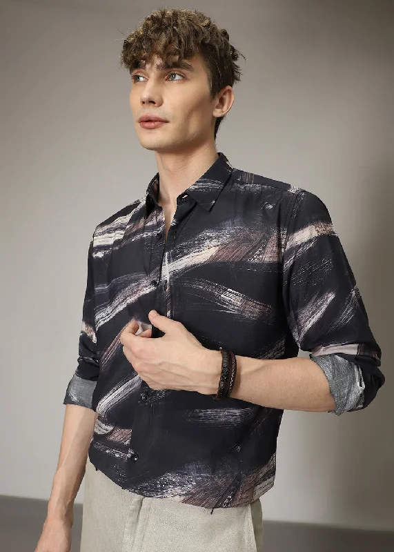 Men's Insulated Shirts for Cold WeatherBlack Brush Strokes Print Shirt