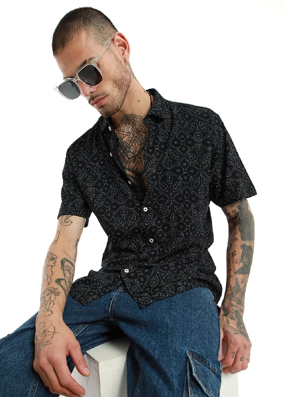 Men's Bold-Color Shirts for a Statement PieceEmblematic Black Leaf Print Half Sleeve Shirt
