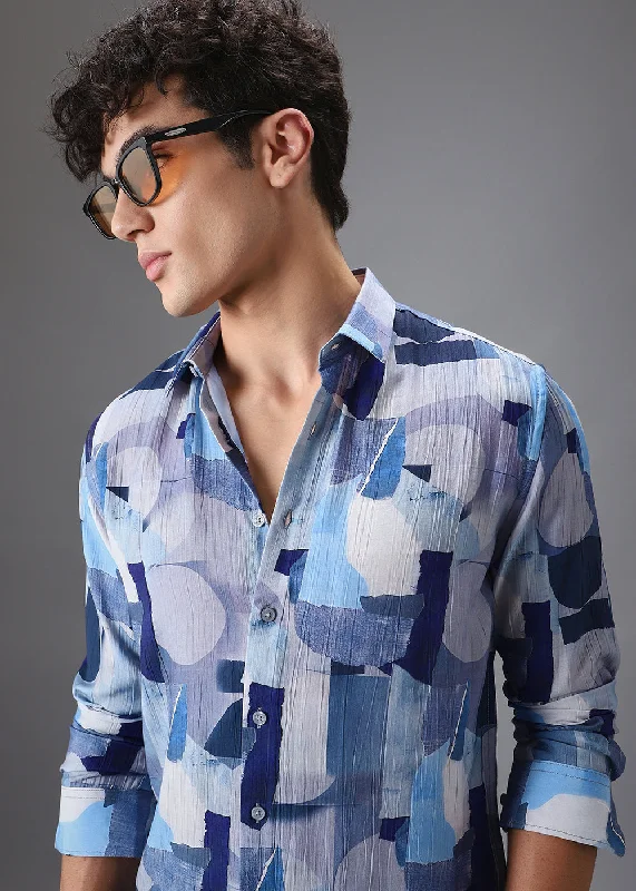 Versatile Men's Short-Sleeve ShirtsBlue Abstract Crushed Printed Shirt