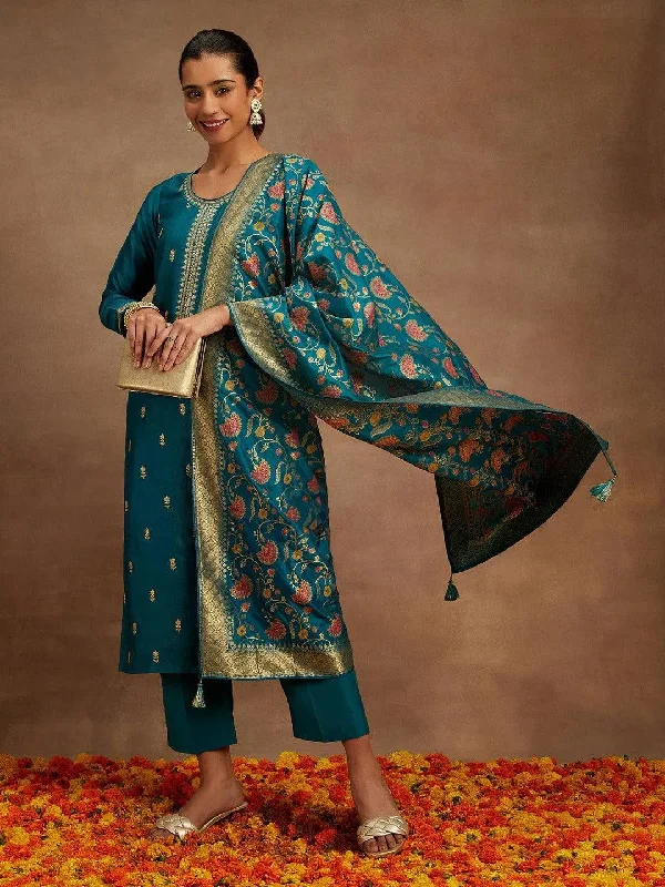 Teal Embroidered Silk Blend Straight Suit With Dupatta