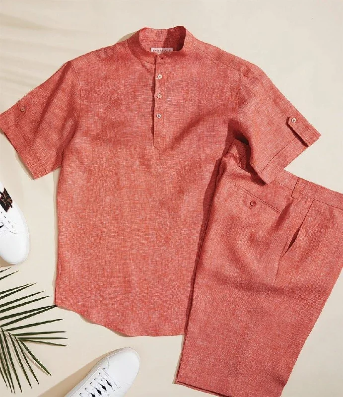 Men's Denim Shirts for a Rugged LookMEN'S TANGY ORANGE LINEN BANDED COLLAR POP OVER SHIRT BY INSERCH Men's Denim Shirts for a Rugged LookMEN'S TANGY ORANGE LINEN BANDED COLLAR POP OVER SHIRT BY INSERCH
