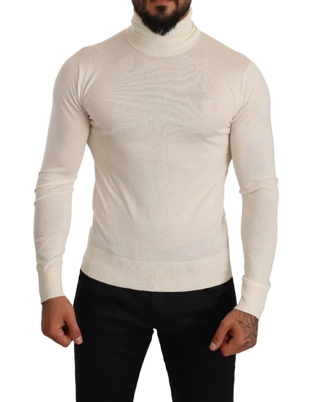 Men's Sweaters with Hooks and LoopsDolce & Gabbana ivory Cashmere-Silk Blend Turtleneck Men's Sweater