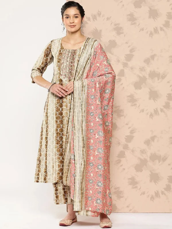 Brown Printed Silk Blend Straight Kurta With Trousers and Dupatta
