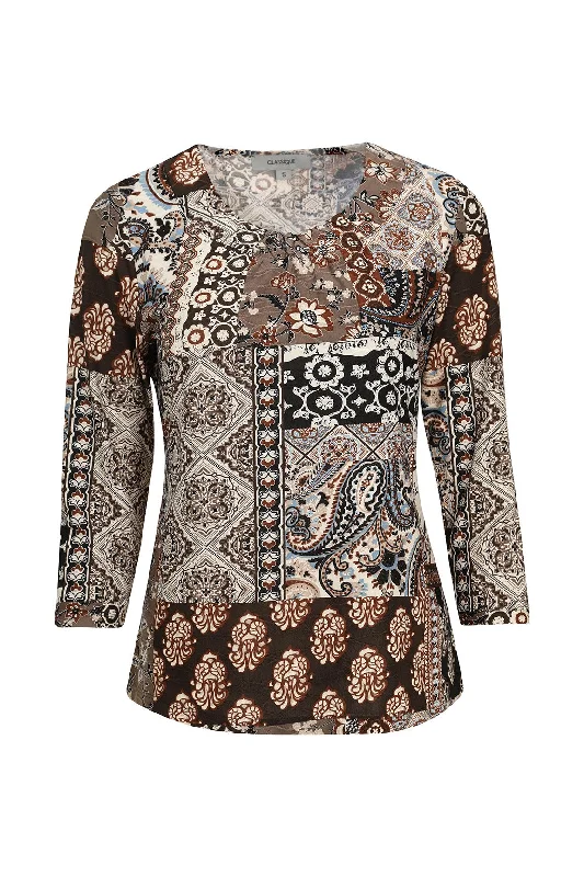 3/4 Sleeve Textured Print Top | SAND BLK PTCHWORK | 9121ZR