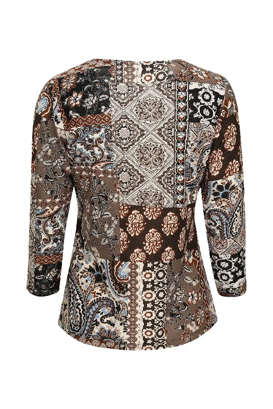 3/4 Sleeve Textured Print Top | SAND BLK PTCHWORK | 9121ZR