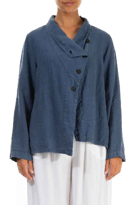 Asymmetric Closure Denim Blue Linen Jacket