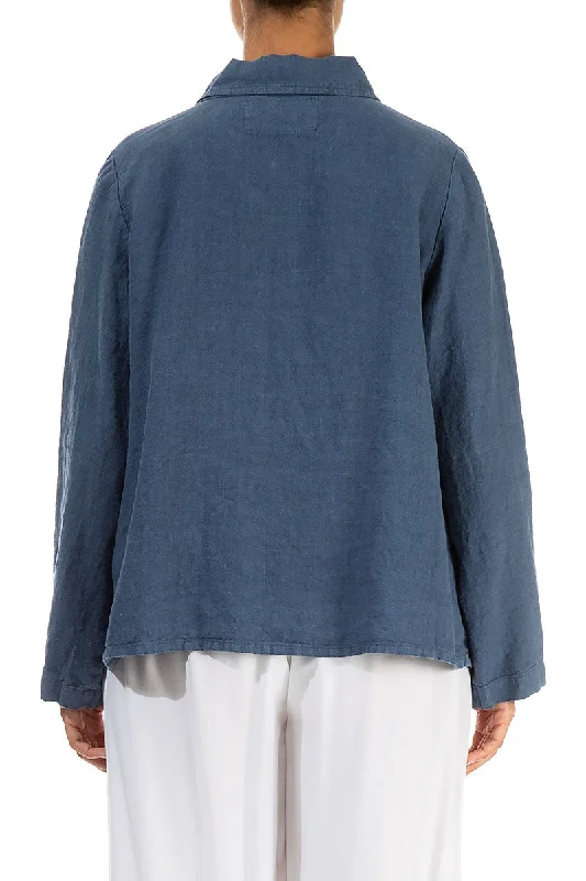 Asymmetric Closure Denim Blue Linen Jacket