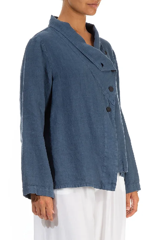 Asymmetric Closure Denim Blue Linen Jacket