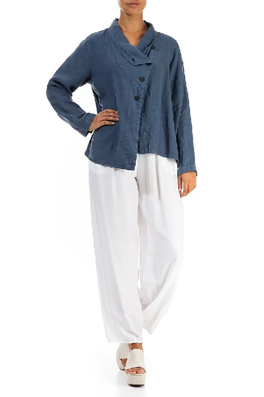 Asymmetric Closure Denim Blue Linen Jacket