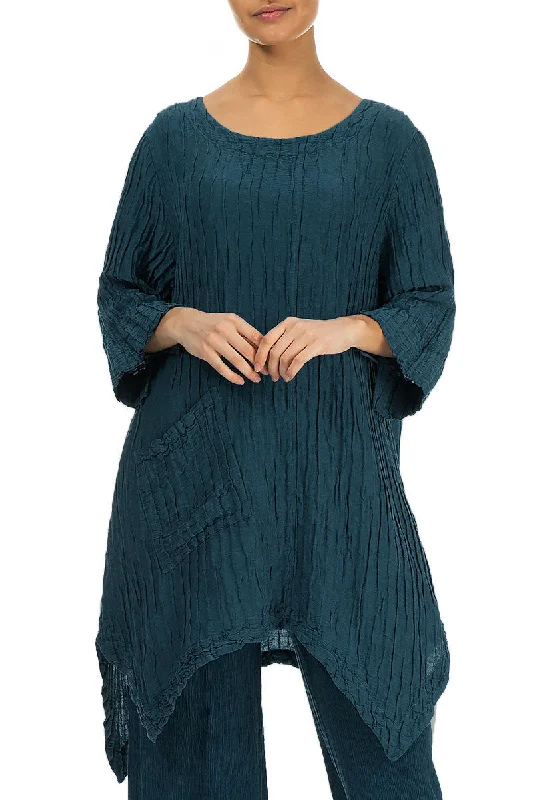 Asymmetric Crinkled Dark Teal Silk Linen Tunic