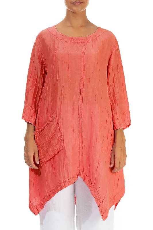 Asymmetric Crinkled Living Coral Silk Linen Tunic