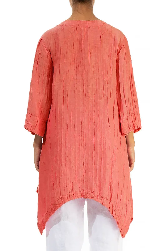 Asymmetric Crinkled Living Coral Silk Linen Tunic