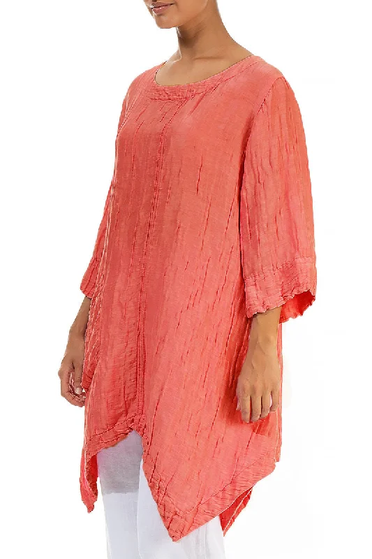 Asymmetric Crinkled Living Coral Silk Linen Tunic