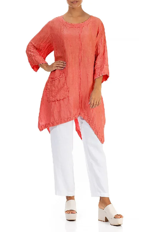 Asymmetric Crinkled Living Coral Silk Linen Tunic