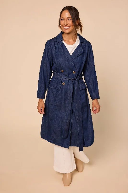 Avalee Long Line Tencel Trench Coat in Dark Wash