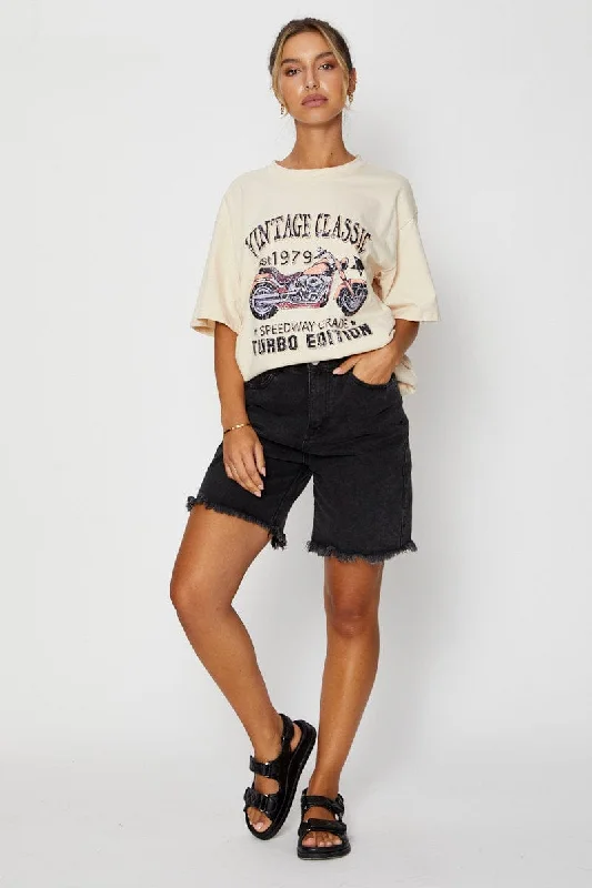 Beige Graphic T Shirt Short Sleeve Oversized