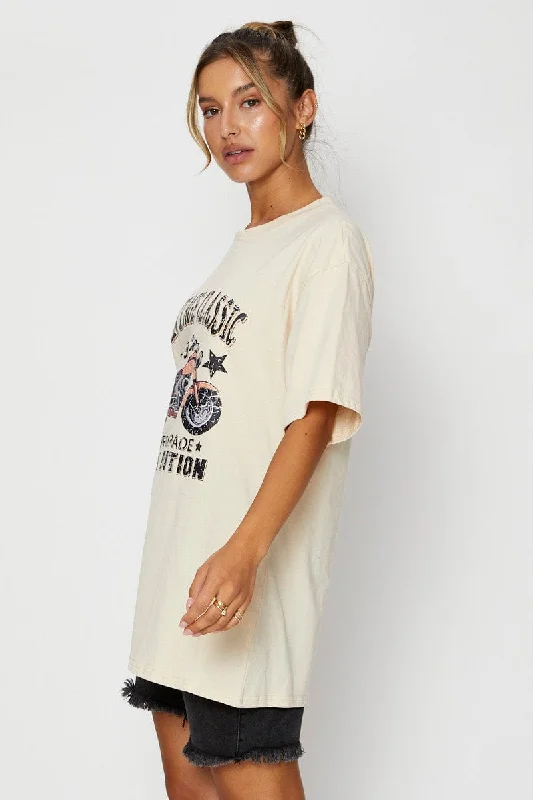 Beige Graphic T Shirt Short Sleeve Oversized