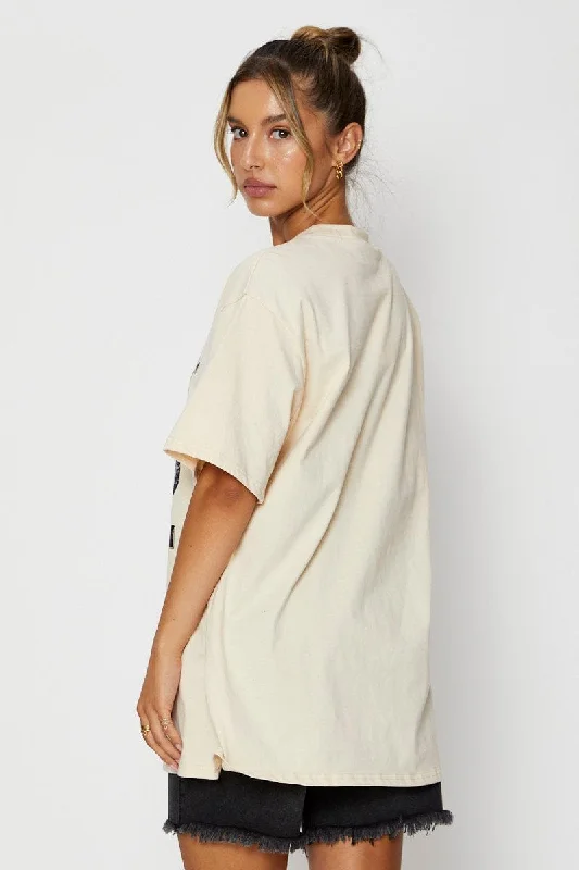 Beige Graphic T Shirt Short Sleeve Oversized