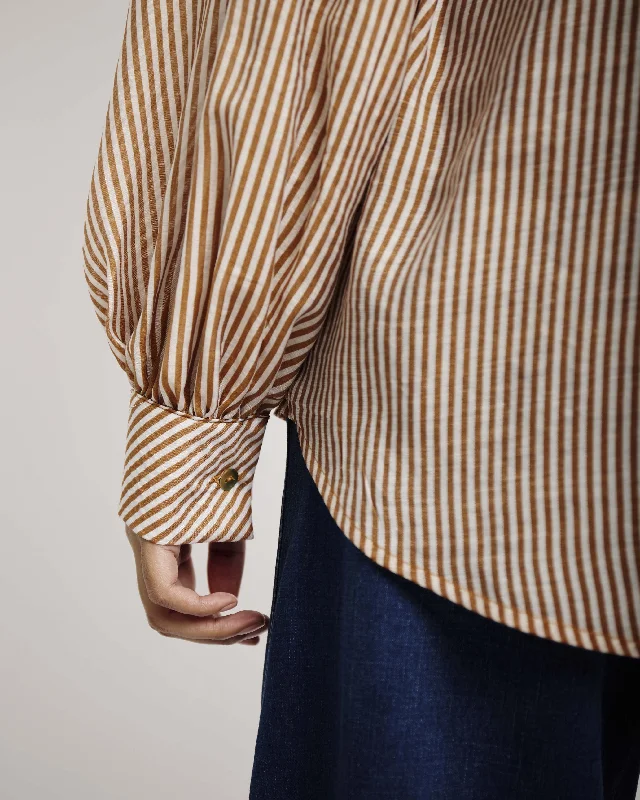 Bellow Sleeve Blouse with Detachable Bow in Brown and Milk Stripe