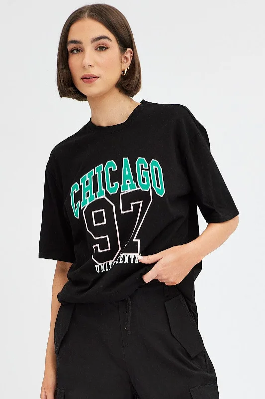 Black Chicago Tee Short Sleeve Round Neck Embroidered