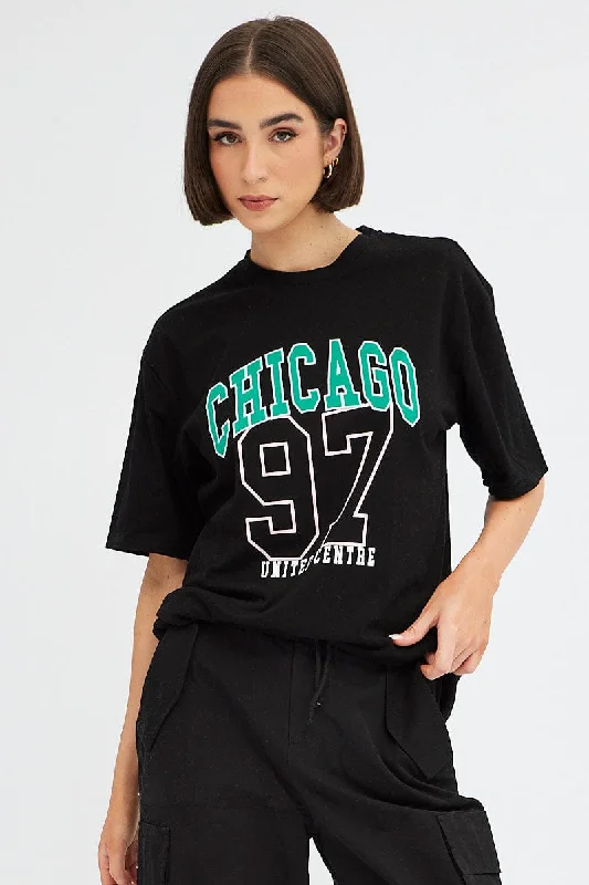 Black Chicago Tee Short Sleeve Round Neck Embroidered