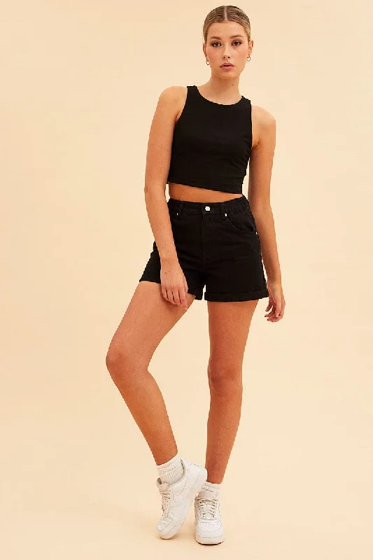 Black Essential Cotton Stretch Crop Tank