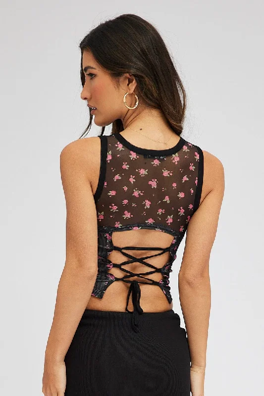 Black Floral Mesh Tank Sleeveless