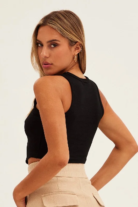 Black Scarf Tank Crop Crew Neck Sleeveless