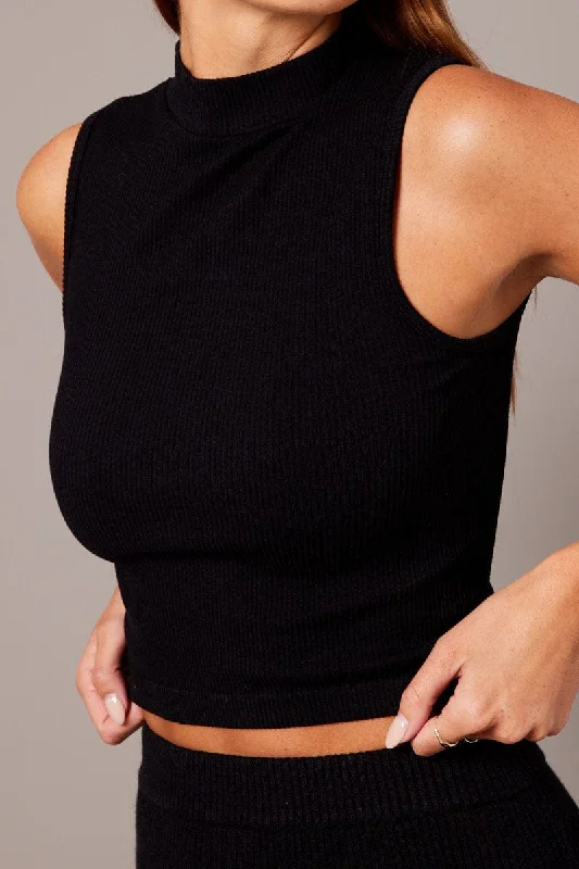 Black Tank Top High Neck Seamless