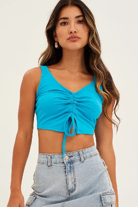 Blue Butterfly Tank Drawstring Front Crop