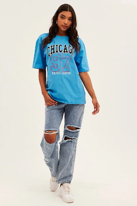 Blue Chicago Tee Short Sleeve Round Neck Embroidered