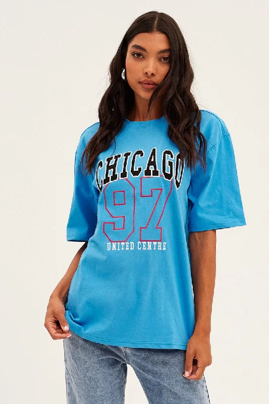 Blue Chicago Tee Short Sleeve Round Neck Embroidered