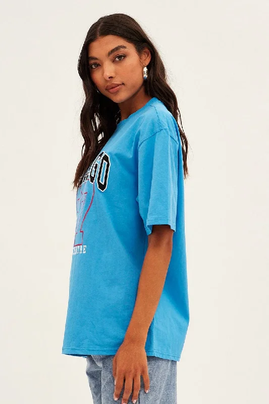 Blue Chicago Tee Short Sleeve Round Neck Embroidered