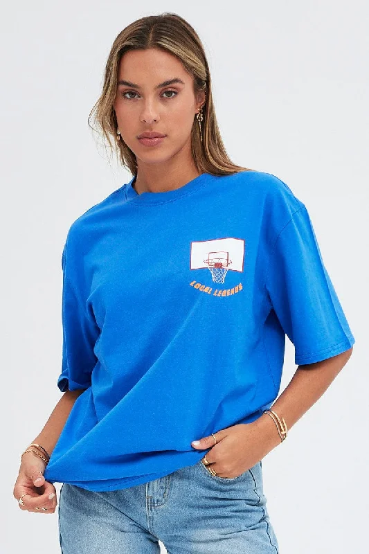 Blue T Shirt Short Sleeve Crew Neck Basketball Graphic