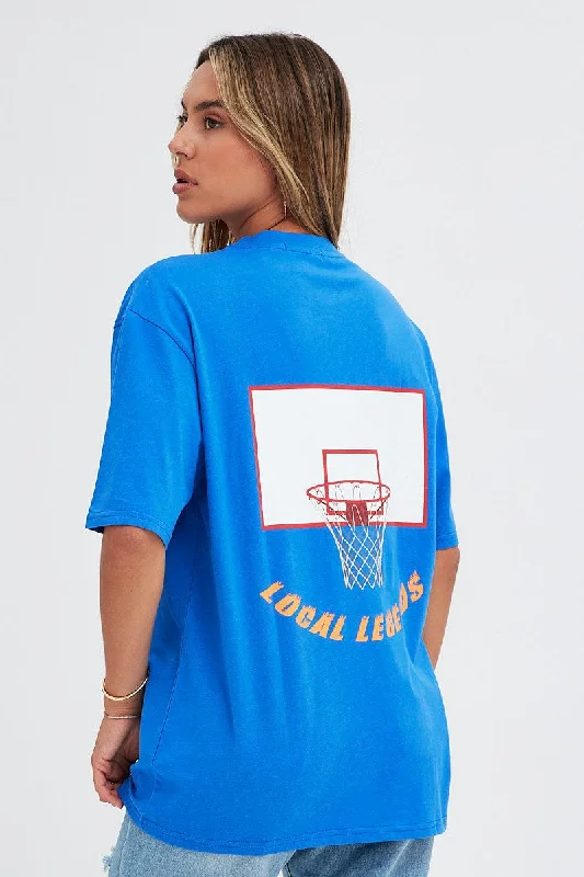 Blue T Shirt Short Sleeve Crew Neck Basketball Graphic