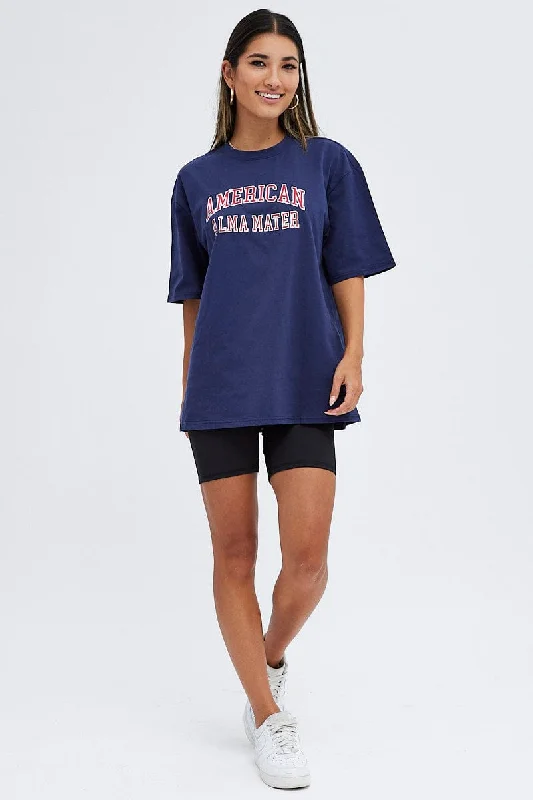 Blue T Shirt Short Sleeve Crew Neck Relaxed Collegian