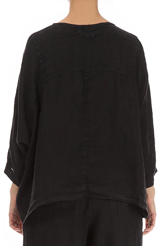 Boxy Black Gauze Linen Blouse