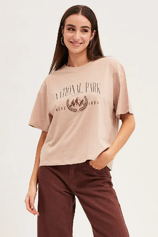 Brown Crew Neck Cotton Graphic T-Shirt