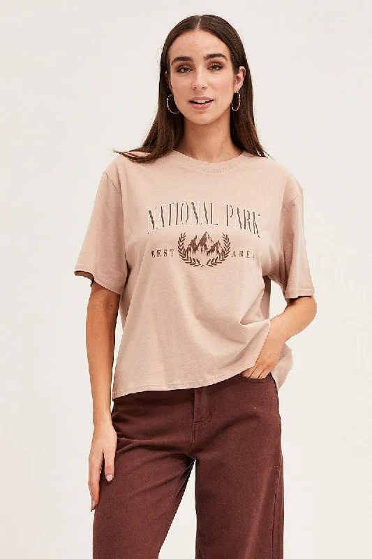 Brown Crew Neck Cotton Graphic T-Shirt