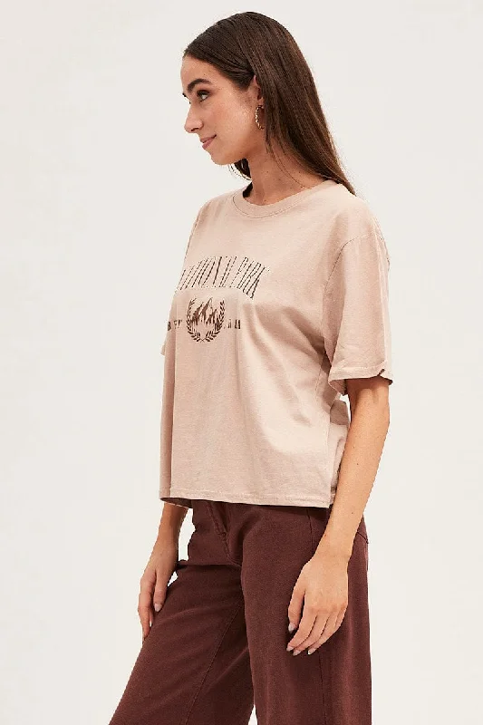 Brown Crew Neck Cotton Graphic T-Shirt