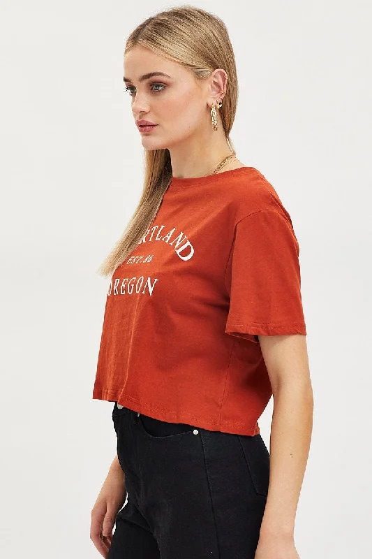 Brown Graphic T Shirt Short Sleeve Crop