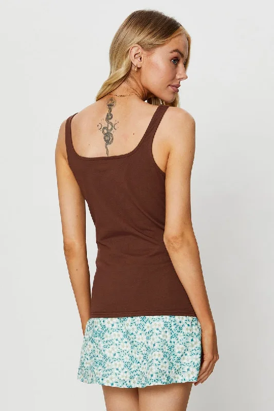 Brown Tank Sleeveless Round Neck Cotton