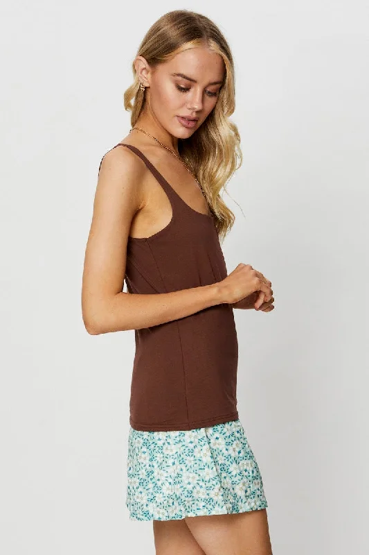 Brown Tank Sleeveless Round Neck Cotton