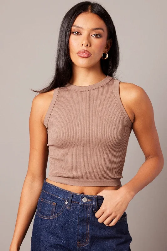 Brown Tank Top Crew Neck Seamless