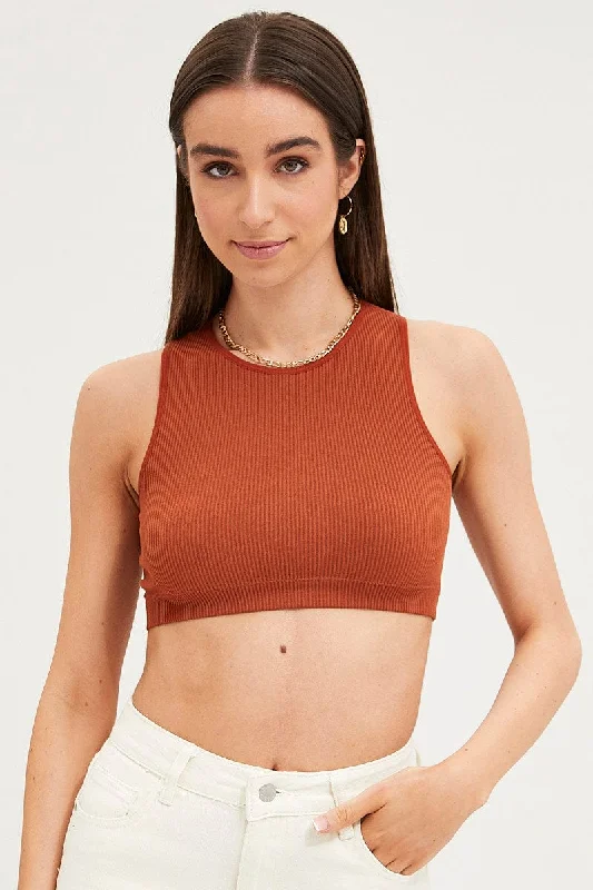 Brown Tank Top Sleeveless Crew Neck