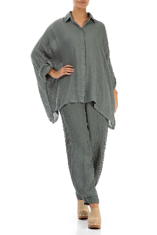 Buttoned Sage Gauze Linen Shirt