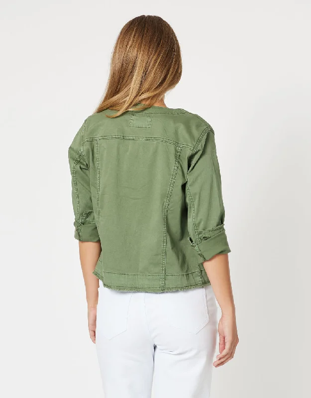 Collarless Denim Jacket - Khaki