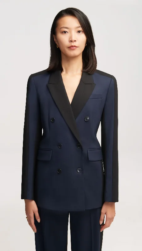 Colorblocked Double-Breasted Blazer in Seasonless Wool | Midnight/Black