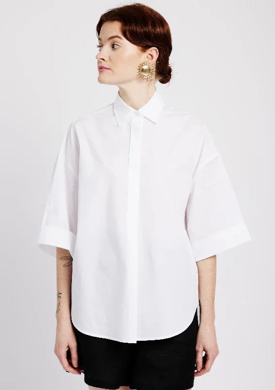 Cotton Boxy Shirt with Kimono Sleeve in White