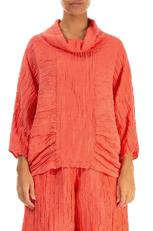 Cowl Neck Crinkled Living Coral Silk Blouse